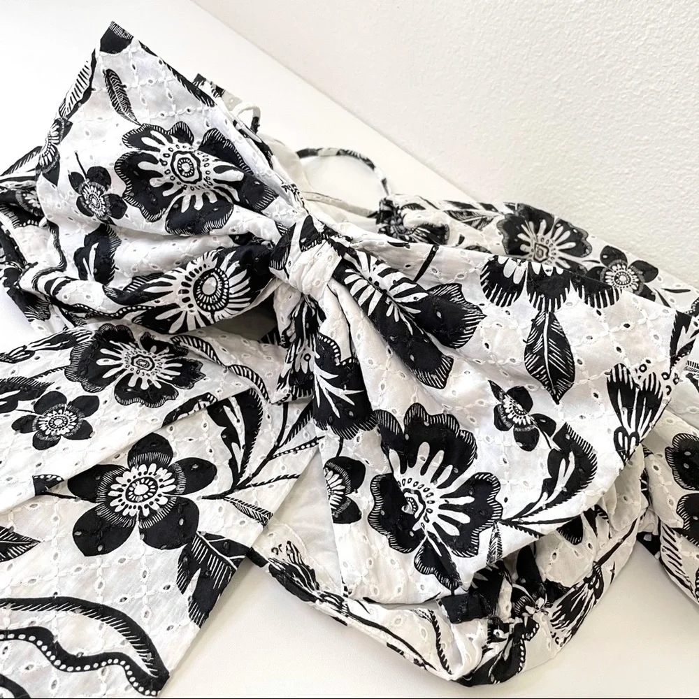 NWT Anthropologie Maeve One Shoulder Black White Floral Eyelet Bow Back Blouse